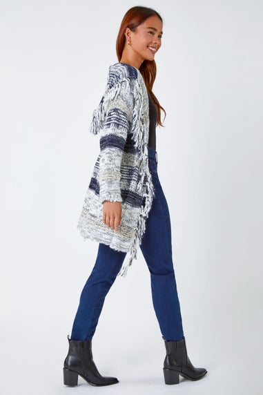 Roman Navy Petite Fringed Hooded Cardigan