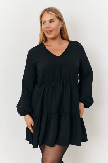 In The Style Black V Neck Tiered Balloon Sleeve Smock Dress