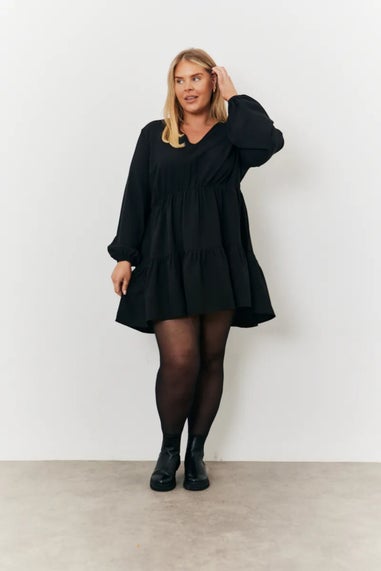 In The Style Black V Neck Tiered Balloon Sleeve Smock Dress