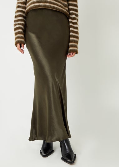 Threadbare Khaki Ariel Satin Maxi Slip Skirt