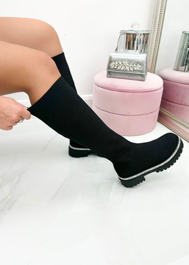 Love Lemonade Black Sparkly Calf Stretch Sock Boots