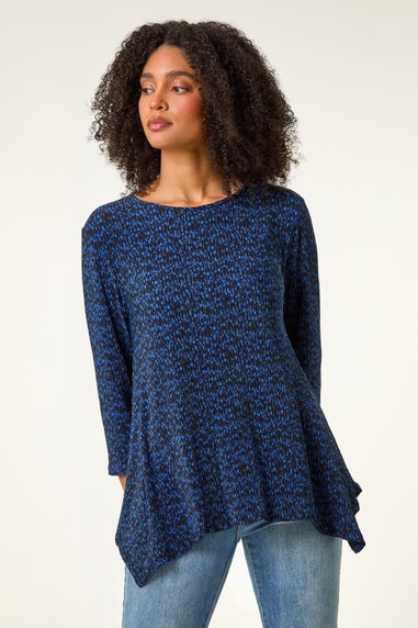 Roman Blue Printed Plisse Hanky Hem Tunic Stretch Top
