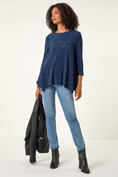 Roman Blue Printed Plisse Hanky Hem Tunic Stretch Top
