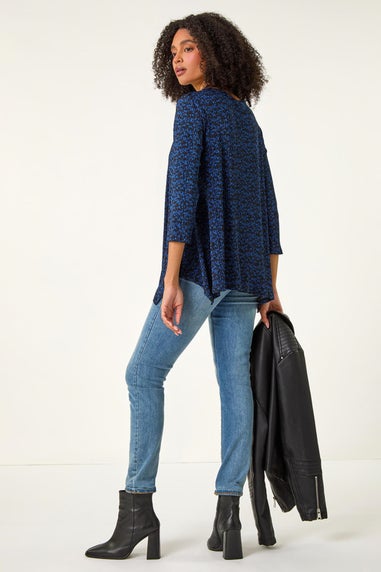 Roman Blue Printed Plisse Hanky Hem Tunic Stretch Top