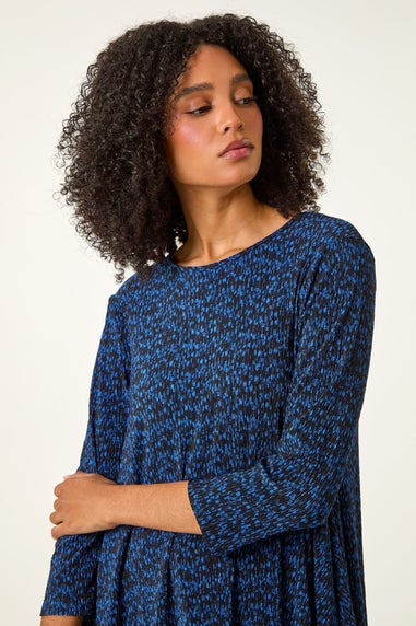 Roman Blue Printed Plisse Hanky Hem Tunic Stretch Top