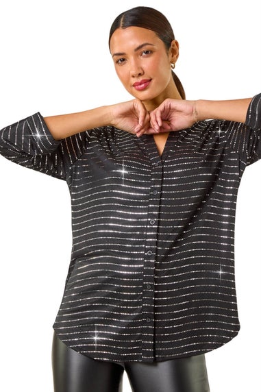 Roman Black Dotted Foil Print Stretch Blouse