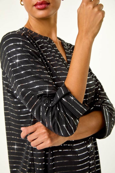 Roman Black Dotted Foil Print Stretch Blouse