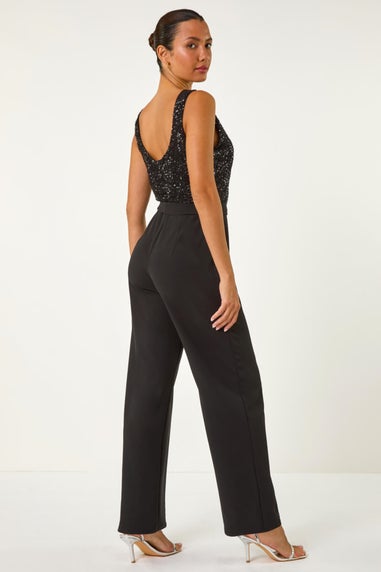 Roman Black Contrast Sequin Bodice Jumpsuit