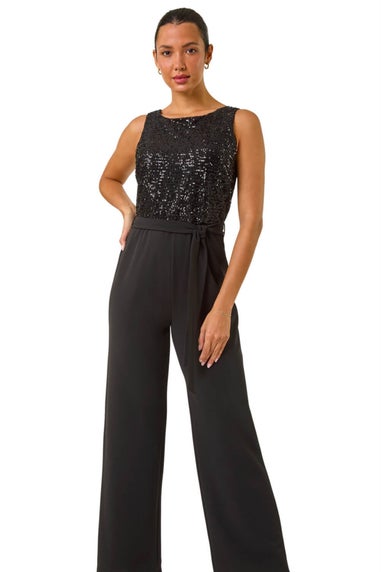 Roman Black Contrast Sequin Bodice Jumpsuit