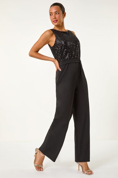 Roman Black Contrast Sequin Bodice Jumpsuit