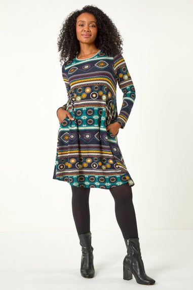 Roman Navy Petite Nordic Print Swing Stretch Dress