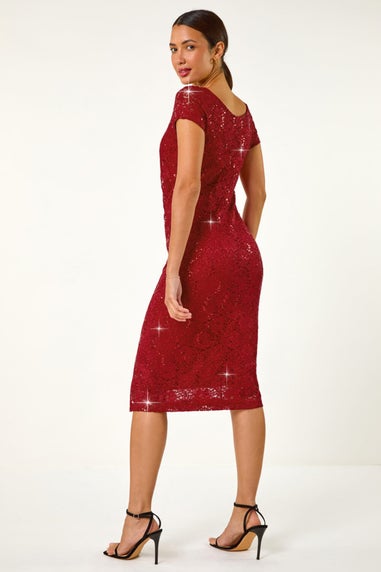 Roman Red Shimmer Lace Side Ruched Stretch Dress