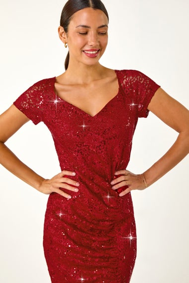 Roman Red Shimmer Lace Side Ruched Stretch Dress