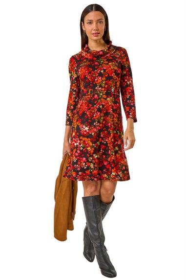 Roman Red Leaf Print Cowl Neck Tab Detail Dress