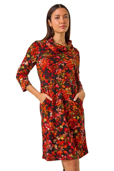 Roman Red Leaf Print Cowl Neck Tab Detail Dress