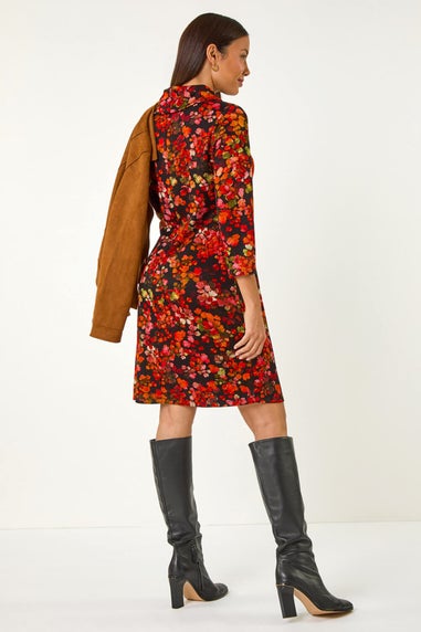 Roman Red Leaf Print Cowl Neck Tab Detail Dress