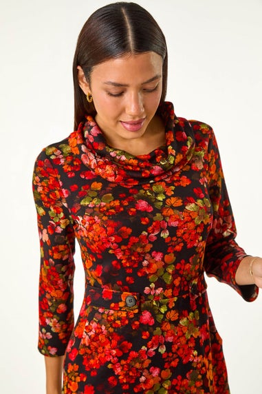 Roman Red Leaf Print Cowl Neck Tab Detail Dress