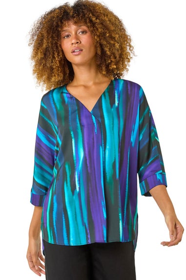 Roman Purple Abstract Print Asymmetric Hem Top