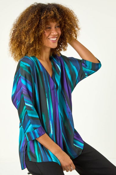 Roman Purple Abstract Print Asymmetric Hem Top