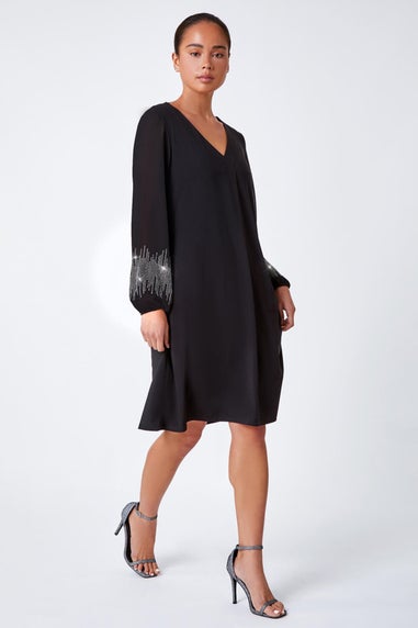 Roman Black Petite Sparkle Sleeve Stretch Dress