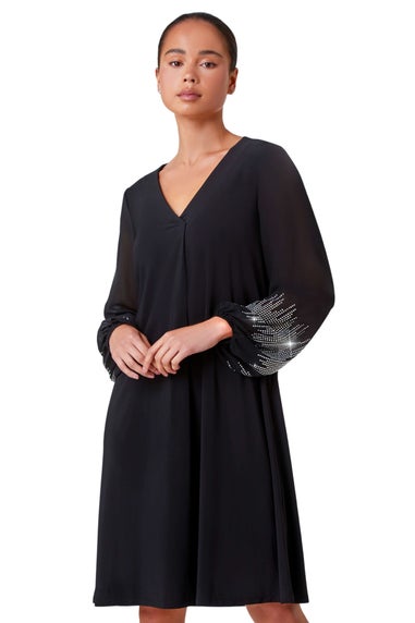 Roman Black Petite Sparkle Sleeve Stretch Dress