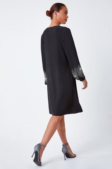 Roman Black Petite Sparkle Sleeve Stretch Dress