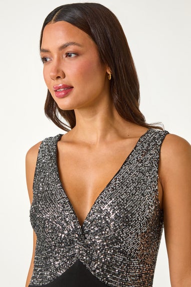Roman Silver Contrast Sequin Bodice Maxi Dress