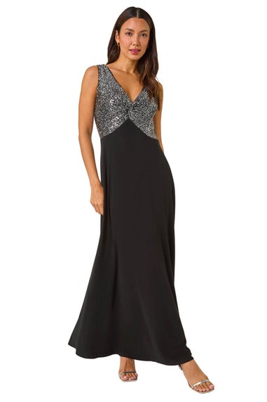 Roman Silver Contrast Sequin Bodice Maxi Dress
