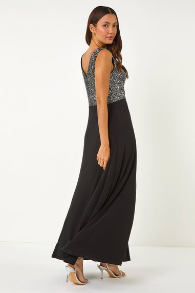 Roman Silver Contrast Sequin Bodice Maxi Dress