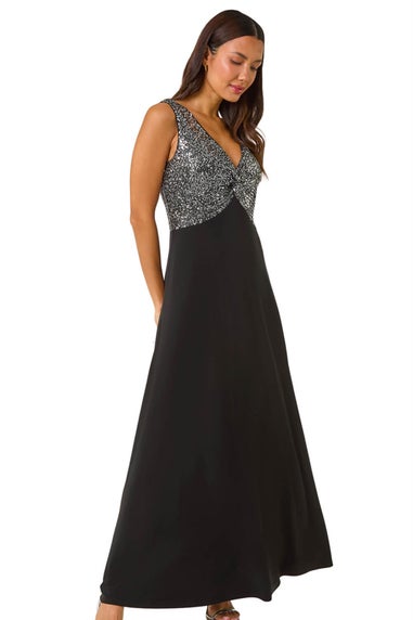 Roman Silver Contrast Sequin Bodice Maxi Dress