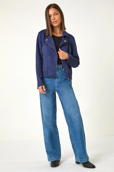 Roman Navy Faux Suede Biker Jacket