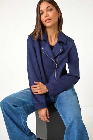 Roman Navy Faux Suede Biker Jacket