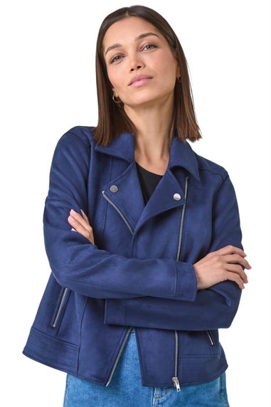 Roman Navy Faux Suede Biker Jacket