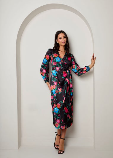 Chi Chi London Black Long Sleeve Floral Wrap Dress