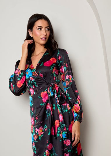 Chi Chi London Black Long Sleeve Floral Wrap Dress