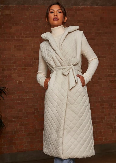 Chi Chi London Cream Diamond Quilted Longline Belted Gilet