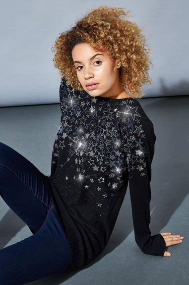 Roman Black Star Embellished Long Sleeve Jumper