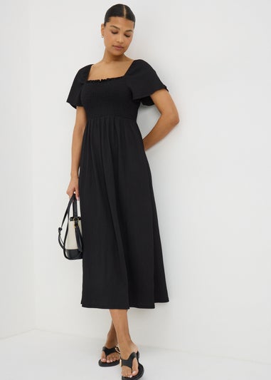 Black Shirred Midi Dress