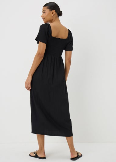 Black Shirred Midi Dress