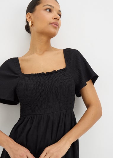 Black Shirred Midi Dress