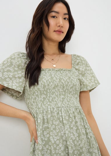 Sage Green Ditsy Floral Shirred Midi Dress