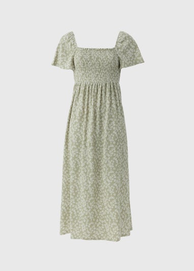 Sage Green Ditsy Floral Shirred Midi Dress