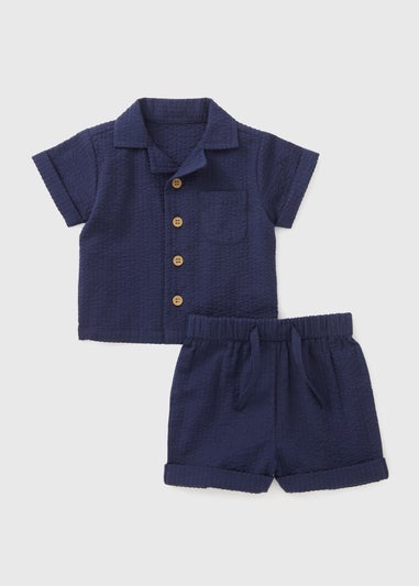 Boys Navy Woven Shirt & Shorts Set (Newborn-23mths)