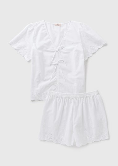 White Tie Front Broderie Pyjama Set
