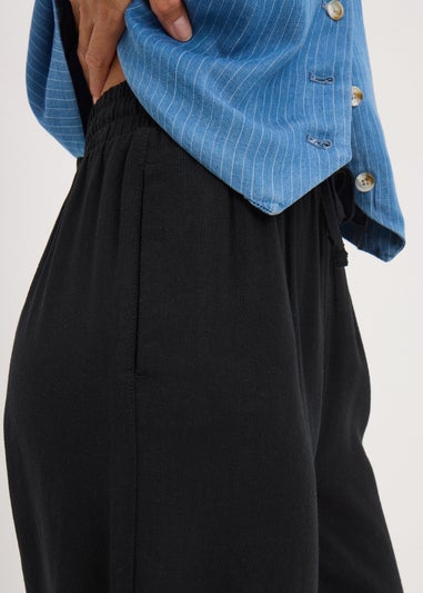 Black Wide Leg Cropped Linen Blend Trousers