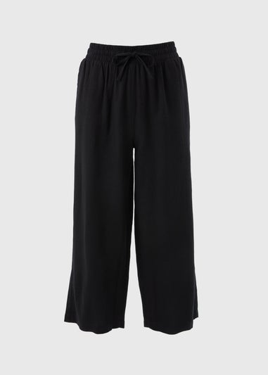 Black Wide Leg Cropped Linen Blend Trousers