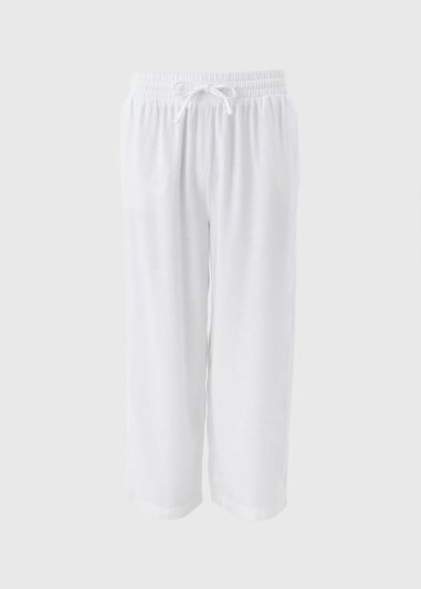 White Linen Blend Wide Cropped Trousers