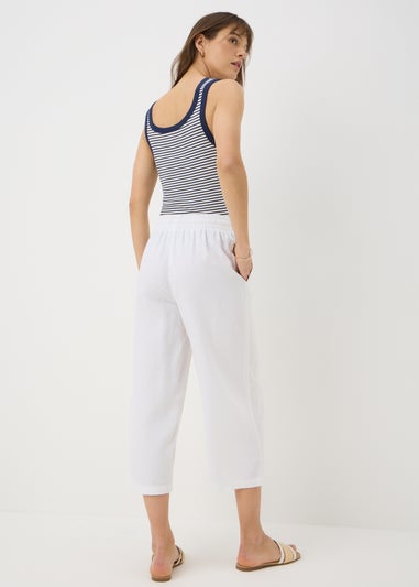 White Linen Blend Wide Cropped Trousers