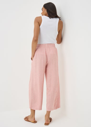 Pale Pink Linen Blend Stripe Wide Leg Cropped Trousers