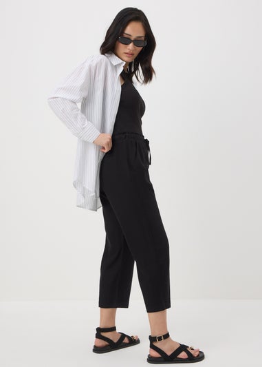 Black Linen Blend Cropped Tapered Trousers